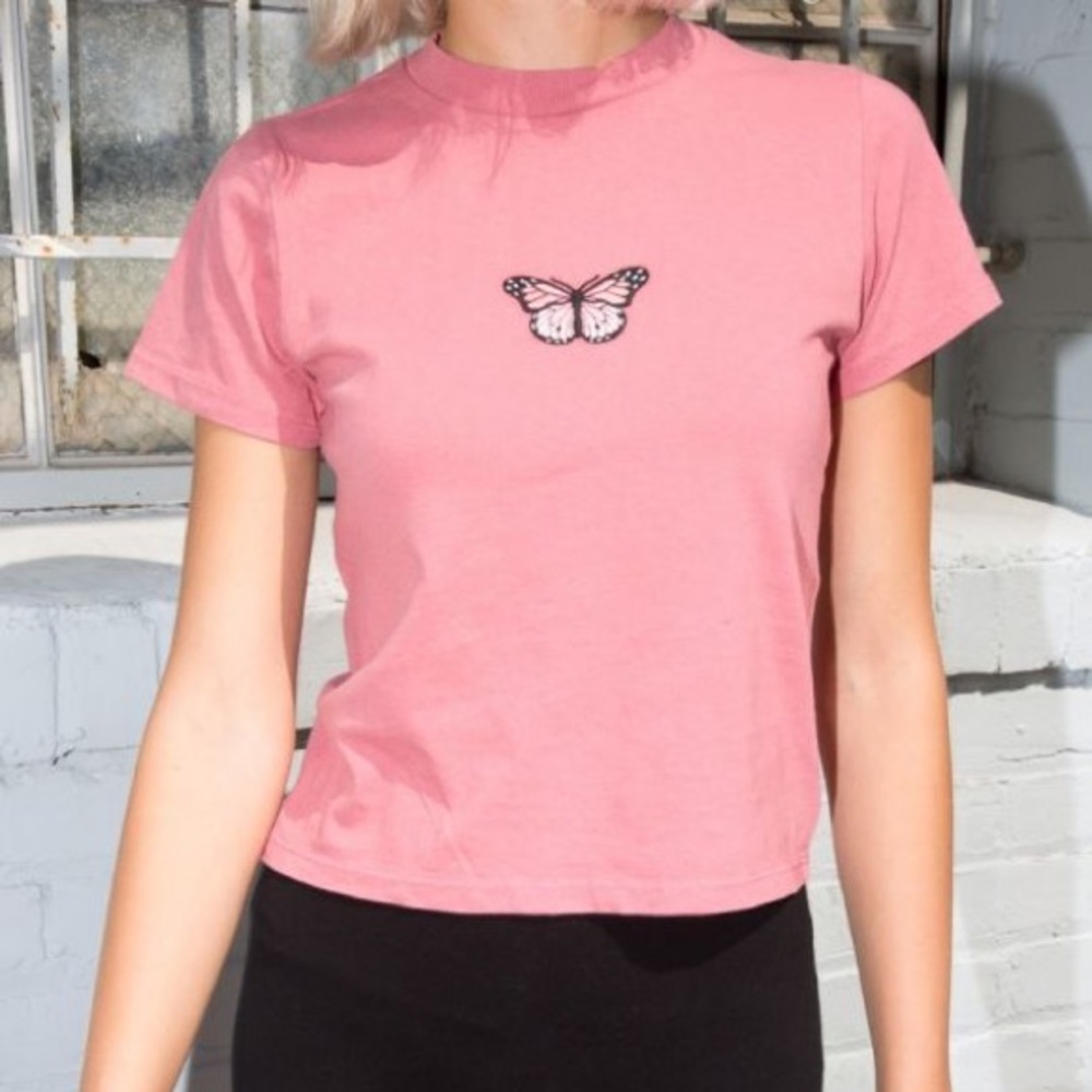 brandy melville pink crop top with pink butterfly